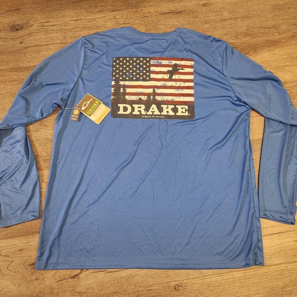 Men's XL Drake blue long sleeve shirt with American flag graphic